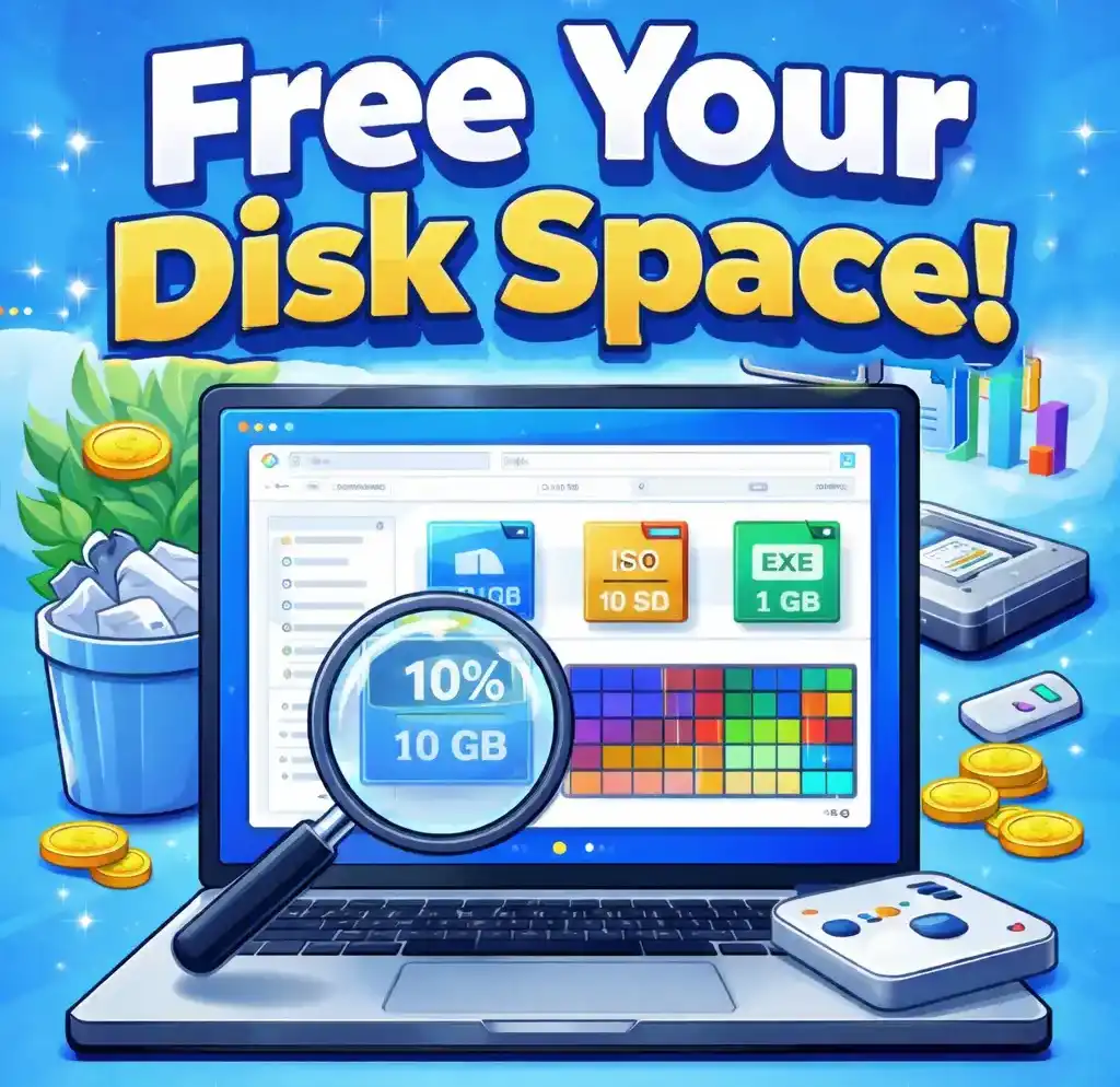 Illustration showing how to free disk space on Windows by finding large files